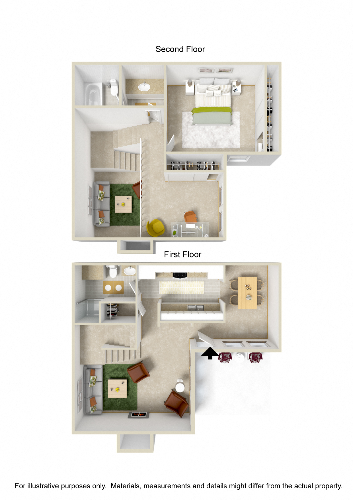 Floor plan for 1 bed, 1.5 baths, 978 sqft